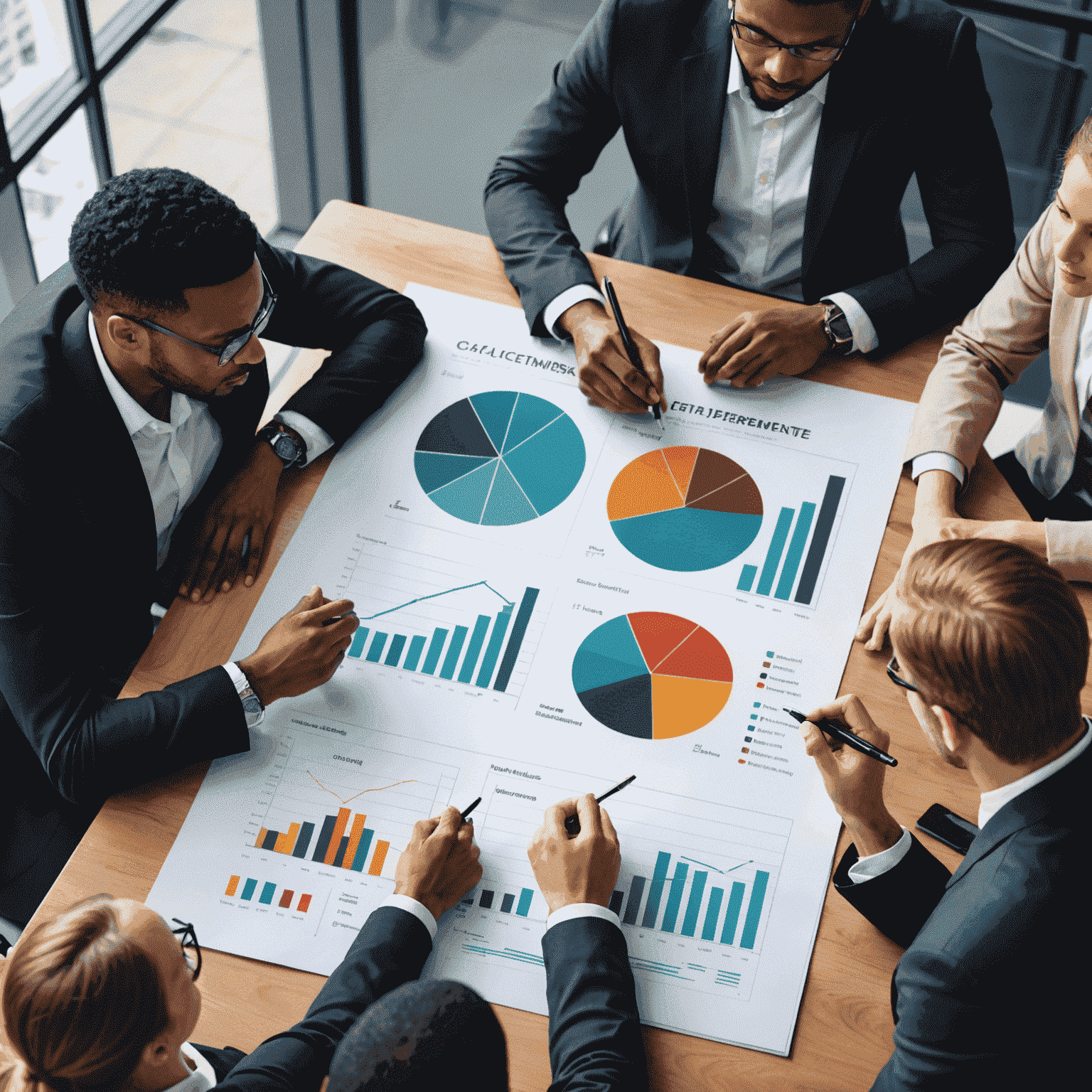 A team of diverse professionals collaborating on a business strategy, with charts and graphs in the background