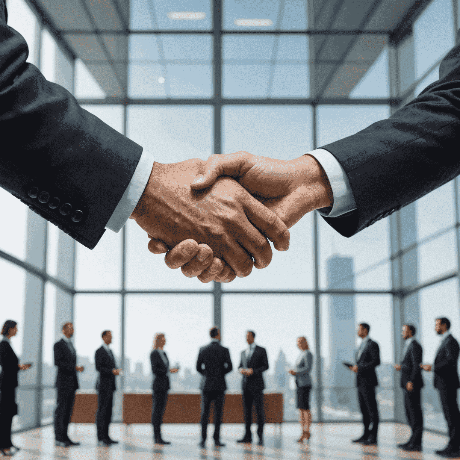 Handshake between executives of two merging companies, symbolizing successful deal facilitated by Mindveld consulting