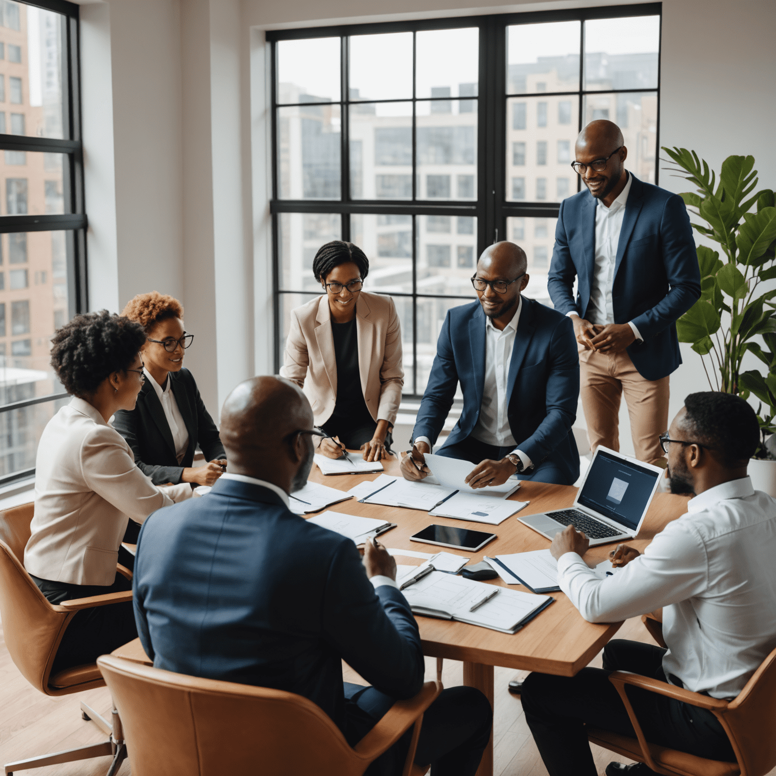 A team of consultants working together on a business transformation strategy, analyzing data and discussing solutions to help a South African company adapt and grow in a changing market landscape