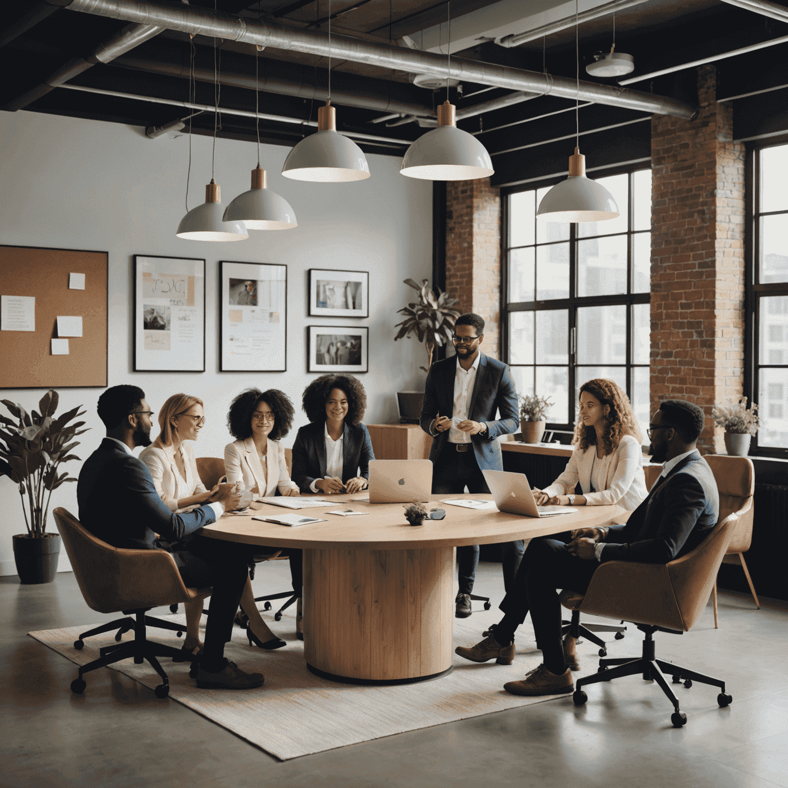 A diverse team of professionals brainstorming innovative ideas in a modern office setting