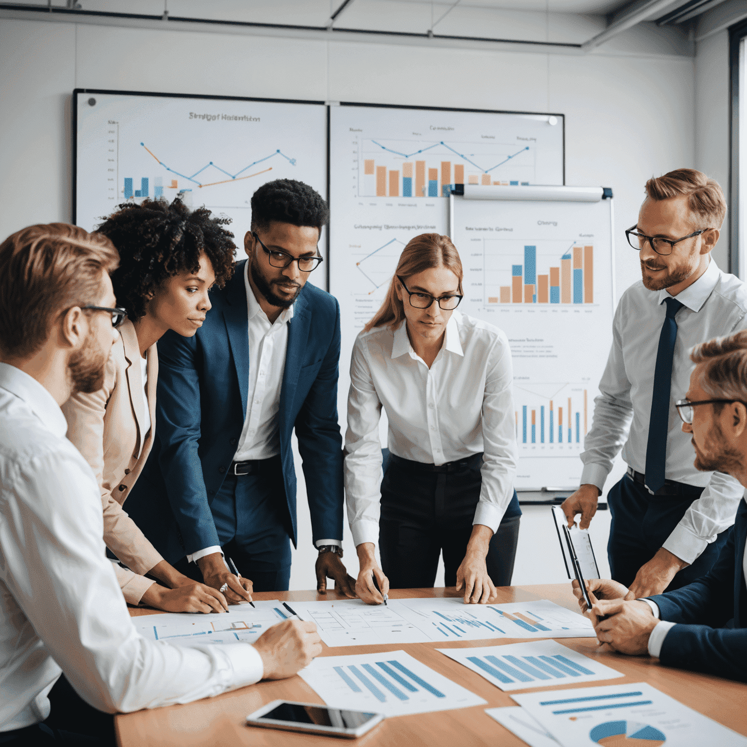 A diverse team of consultants collaborating on strategy implementation, with charts and graphs on a whiteboard in the background