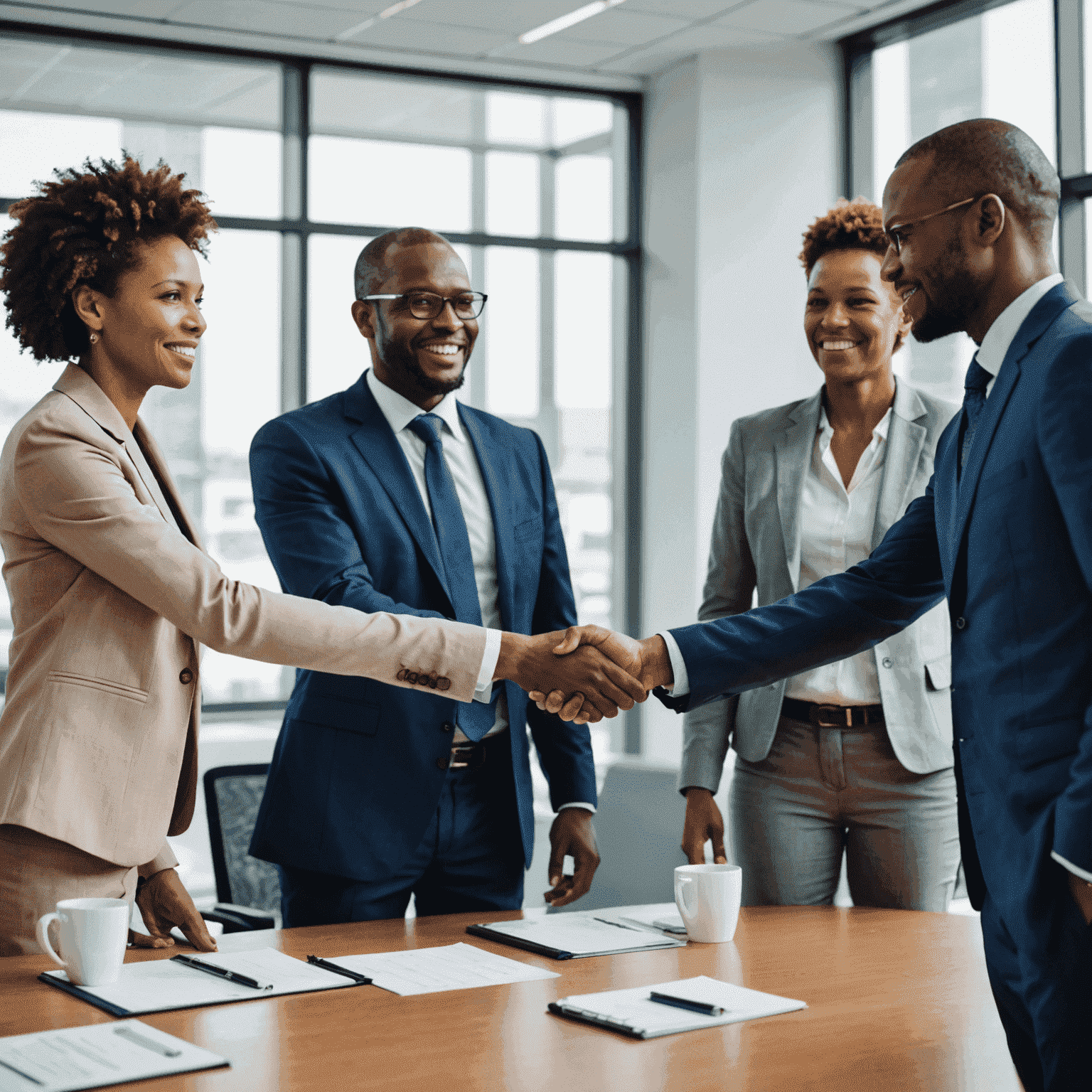 Business people shaking hands in a meeting room, representing the successful merger facilitated by Mindveld between two leading South African companies