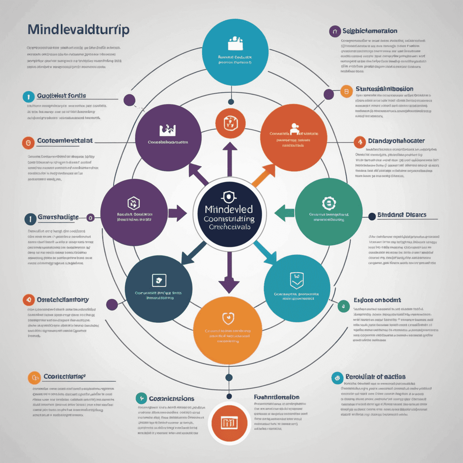 Infographic illustrating Mindveld's consulting process, which includes research, analysis, strategy formulation, implementation, and monitoring