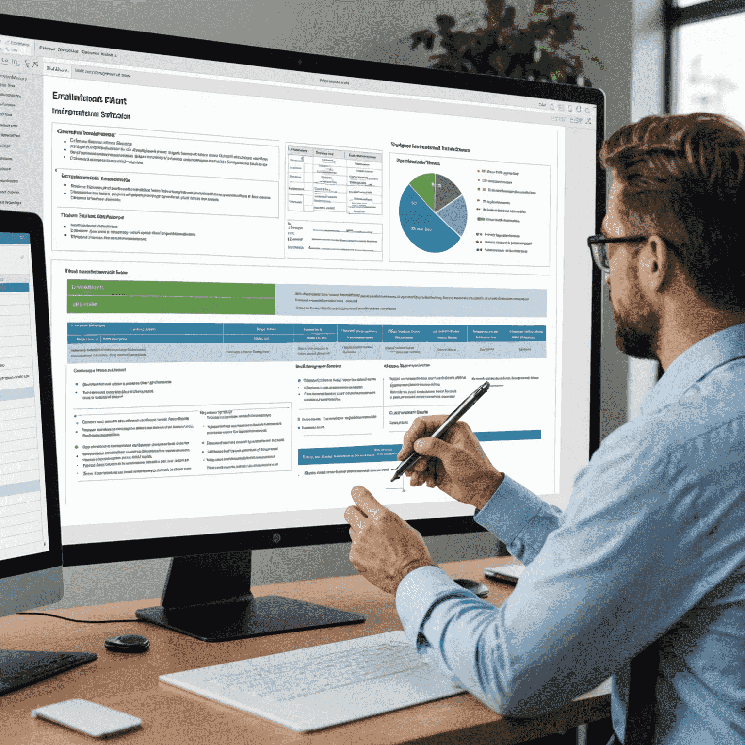 A consultant presenting a customized implementation plan to a client, with timelines, milestones, and key performance indicators highlighted